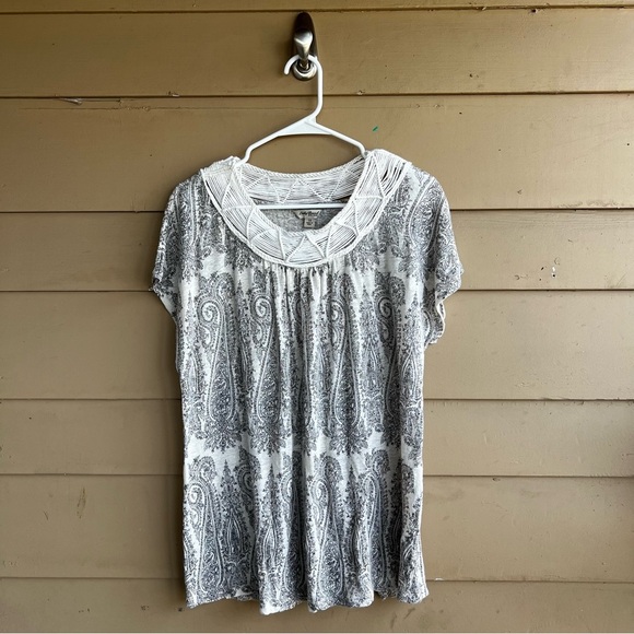 Lucky Brand Boho Short Sleeve Top - Size 1x - Neutral Casual Crochet - Picture 1 of 6